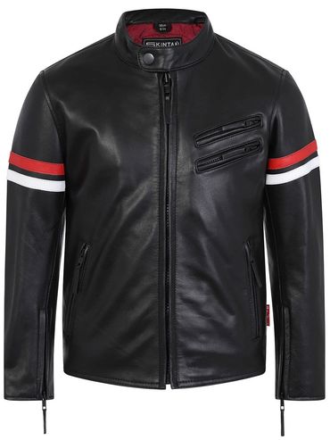 Black leather jacket with red and white stripes on sleeves and zippered pockets. HU Leathers