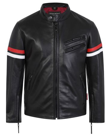 Black leather jacket with red and white stripes on sleeves and zippered pockets.
