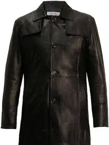 Long black leather coat with button closure and classic collar.