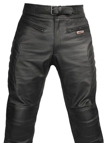 Black leather motorcycle pants with zippered pockets and belt.