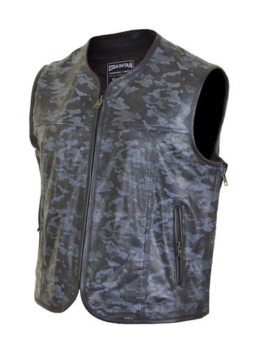 Men's Grey Camo Perforated Leather Motorcycle Waistcoat . by HU Leathers