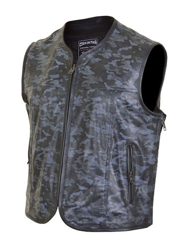 Black and gray camo leather vest with zipper pockets.