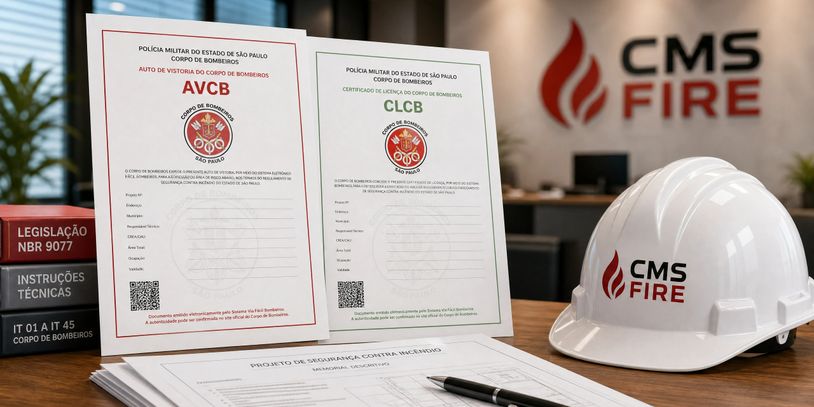 Fire safety certificates and helmet with CMS Fire logo on a desk.