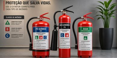 Extintores de incêndio para proteção contra diferentes tipos de fogo.