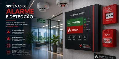 Painel moderno de sistema de alarme e detecção de incêndio em ambiente corporativo.