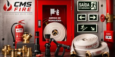 Fire safety equipment including hoses, extinguisher, and signs.