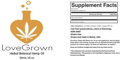 LoveGrown Botanical Hemp oil label