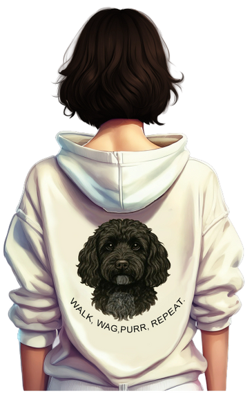 Person in a hoodie with a black dog illustration and text on the back.