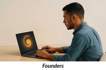 A focused founder working on a laptop, with a glowing AI symbol on the screen. Minimal background.