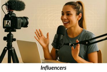 A dynamic influencer recording or streaming, with AI visual elements softly integrated into the back