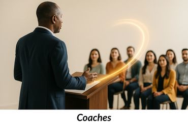 A coach guiding a session or team, subtle AI presence symbolized by light connections.