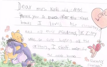 Handwritten thank-you note with Winnie the Pooh characters on the side.