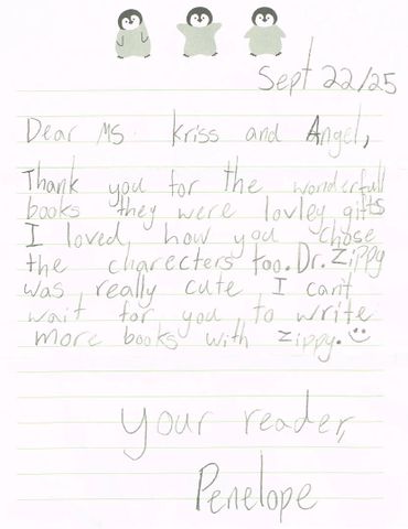 Handwritten thank-you letter from Penelope to Ms. Kriss and Angel with penguin stickers.