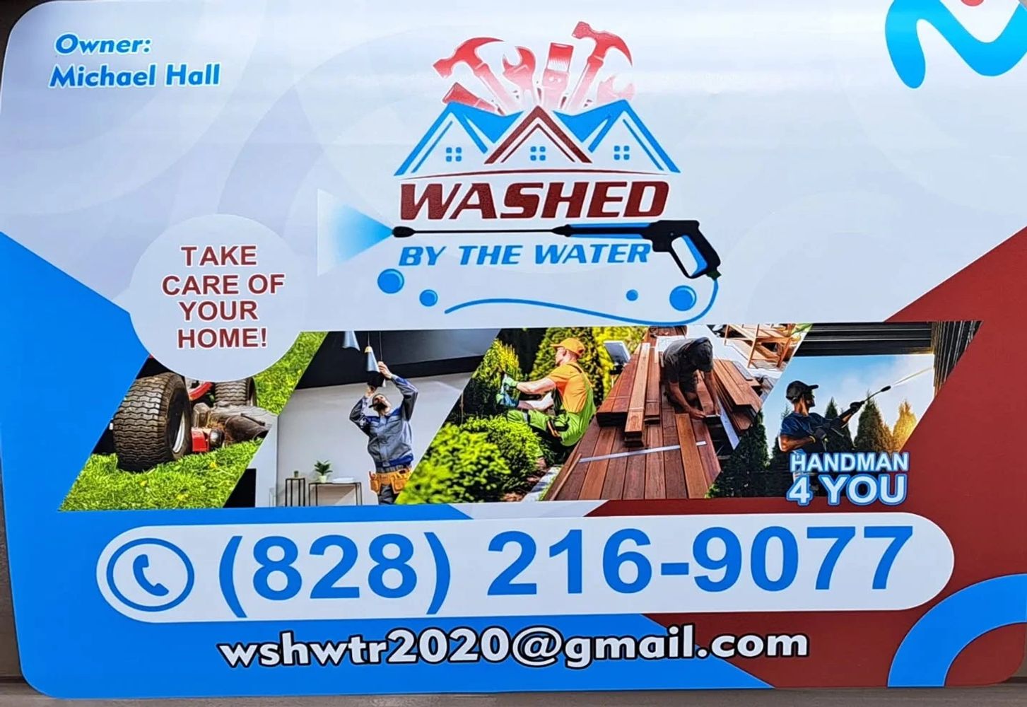 Washed By The Water handyman services with contact info and owner name Michael Hall.