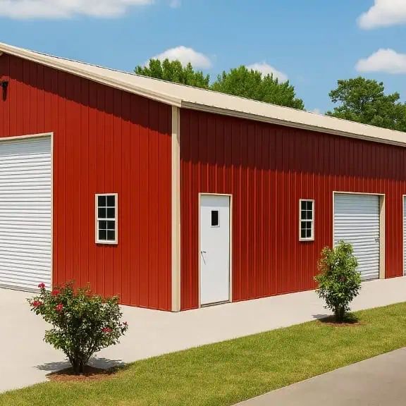 Red metal building with white doors and small windows.