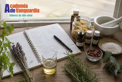 Libreta, plantas y elementos para elaboración de productos naturales.