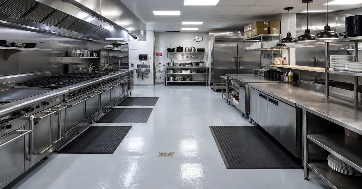 A clean, modern industrial kitchen with stainless steel appliances and workstations.