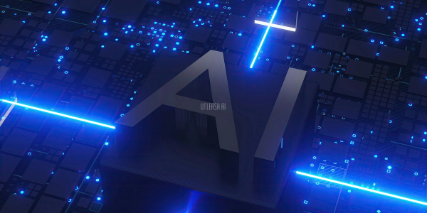 3D AI block with blue glowing tech background.