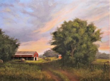 Oil painting of a country barn scene