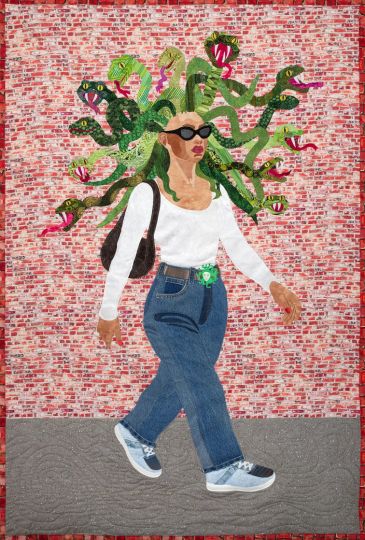 Quilt of a Medusa figure in a modern outfit