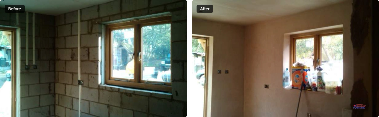 Before and after images of a window wall plastering transformation.