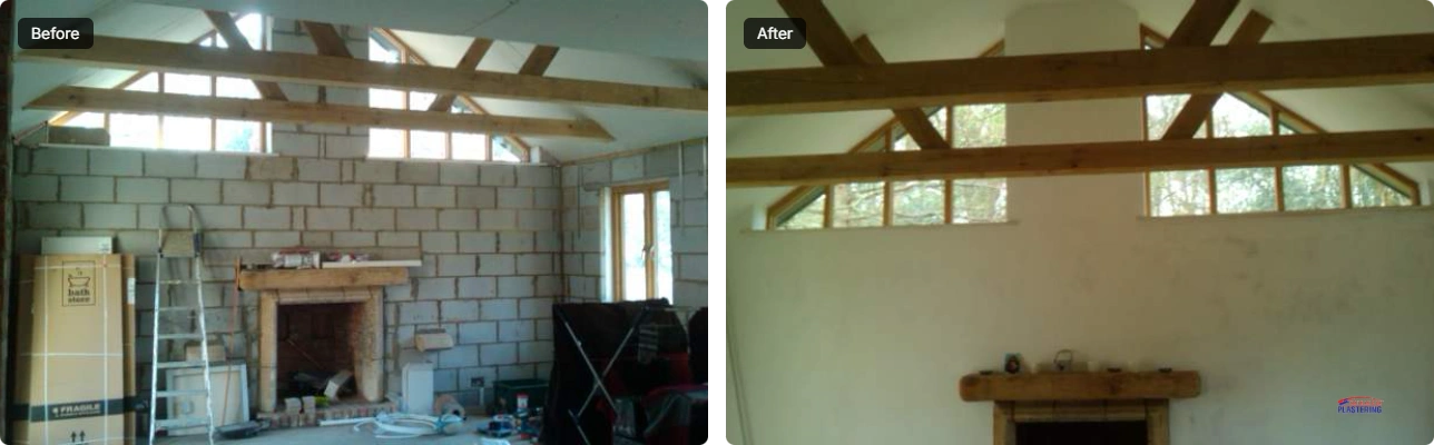 Before and after wall plastering around a fireplace in a room with wooden beams.