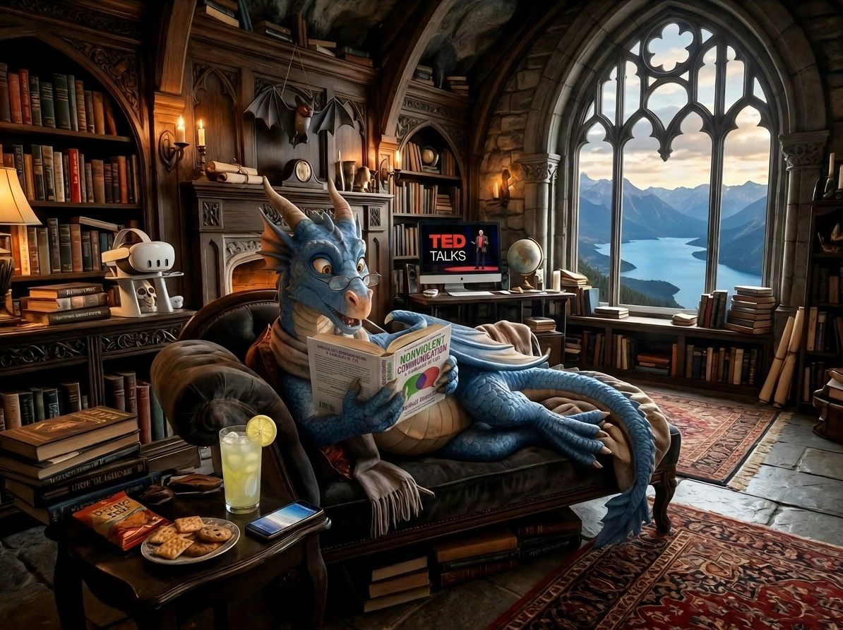 A blue dragon reads a book in a cozy, medieval-style library with a scenic mountain view.