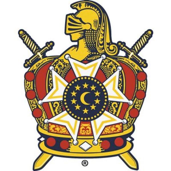 Colorful emblem featuring a knight's helmet, crown, swords, and a star with crescent and stars.