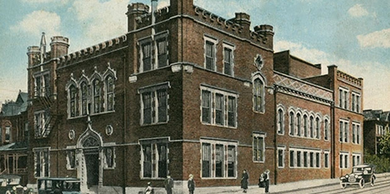 Historic Scottish Rite Temple, Kansas City, early 1900s, with vintage cars and people.