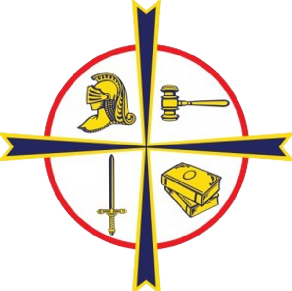 Emblem with knight helmet, gavel, sword, and book divided by a cross.