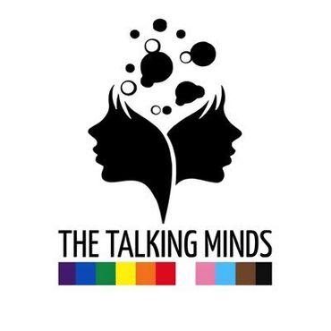 Two heads thinking as one. The Talking Minds. LGBTQ+ colour blocks create a line.