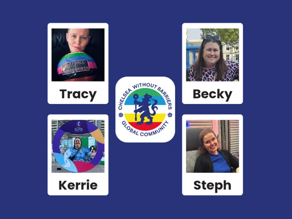 Four women named Tracy, Becky, Kerrie, and Steph with a Chelsea Without Barriers logo.