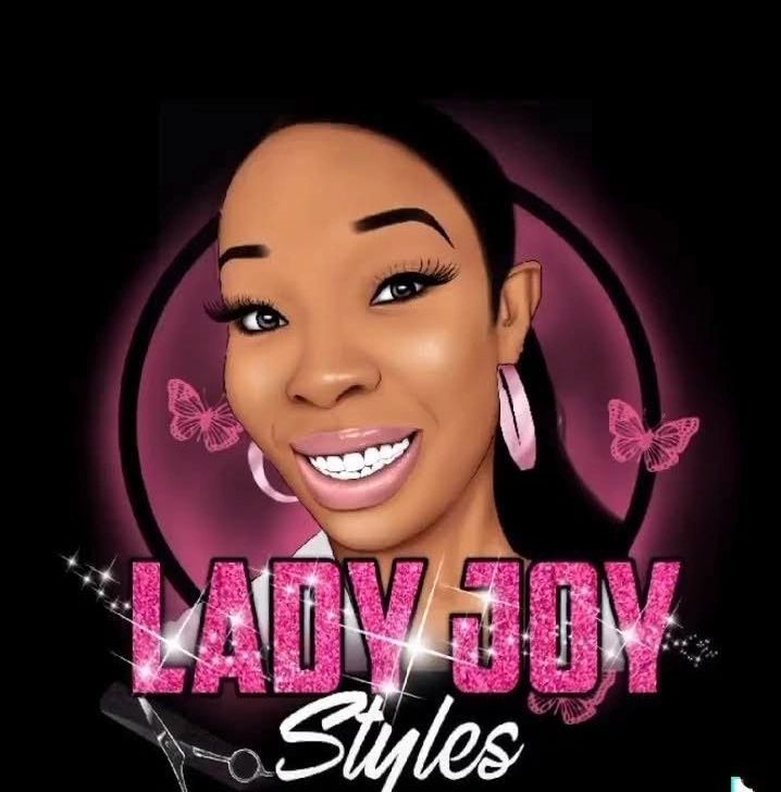 Digital portrait with text 'Lady Joy Styles' and beauty icons.