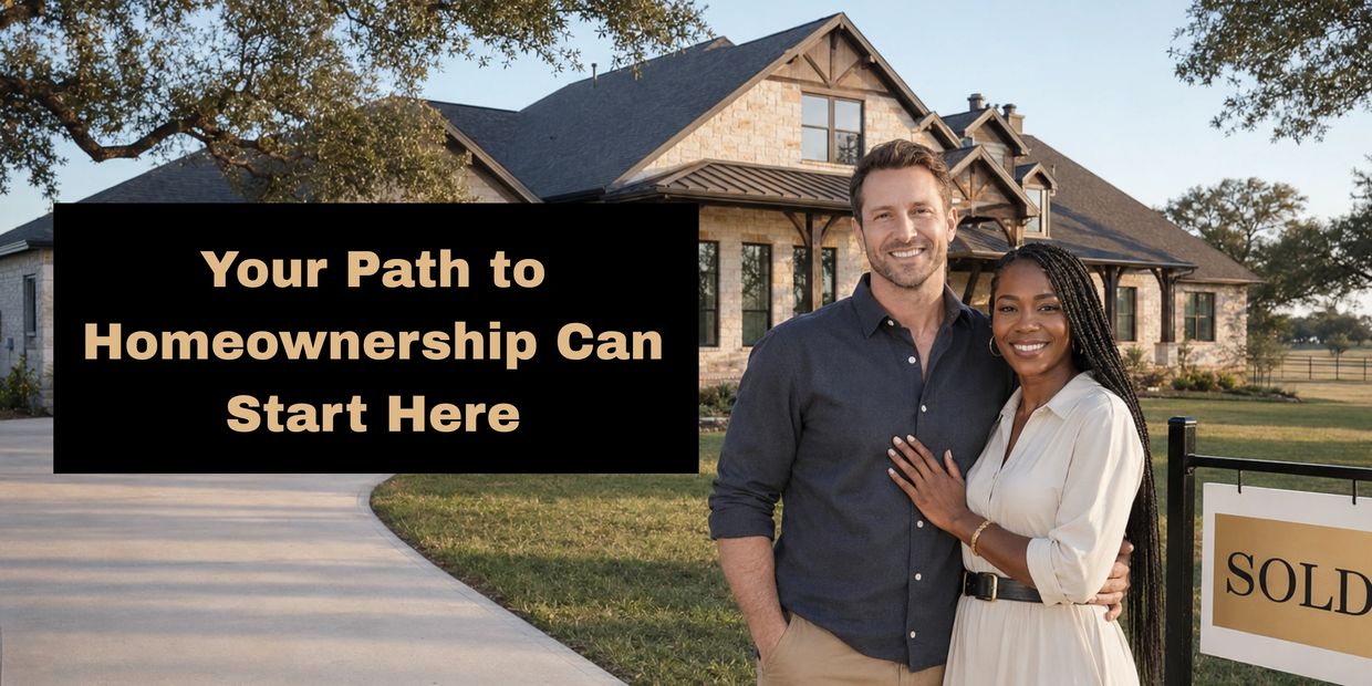 Happy couple standing in front of their sold home.