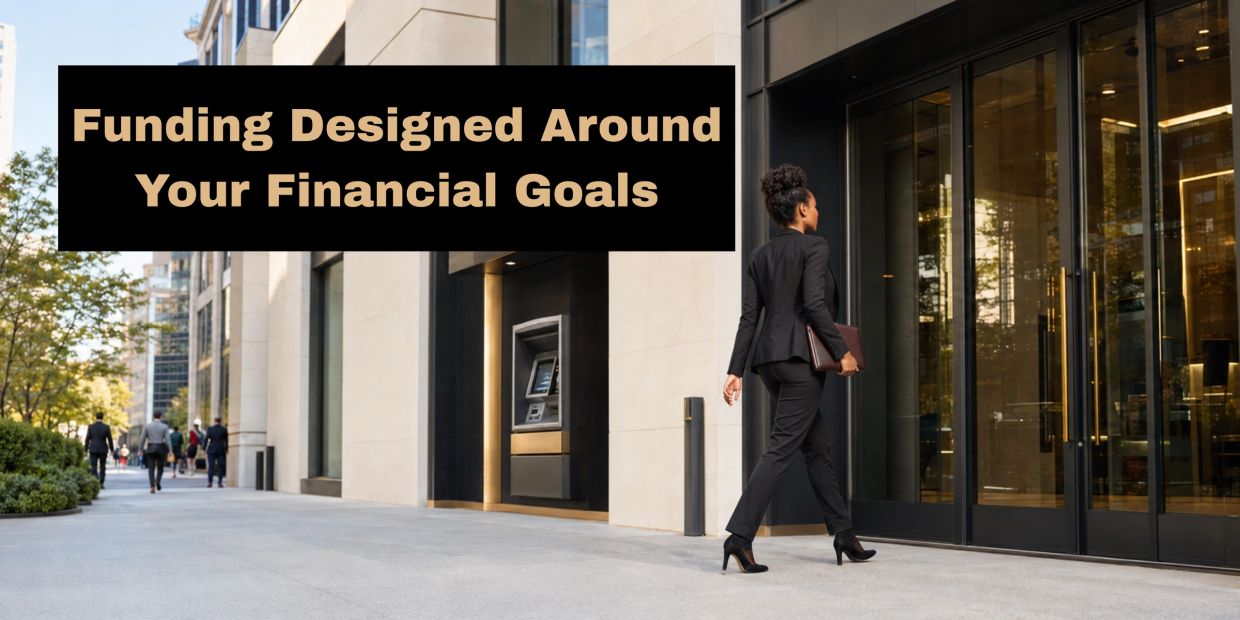 Businesswoman walking to office with funding goals message.
