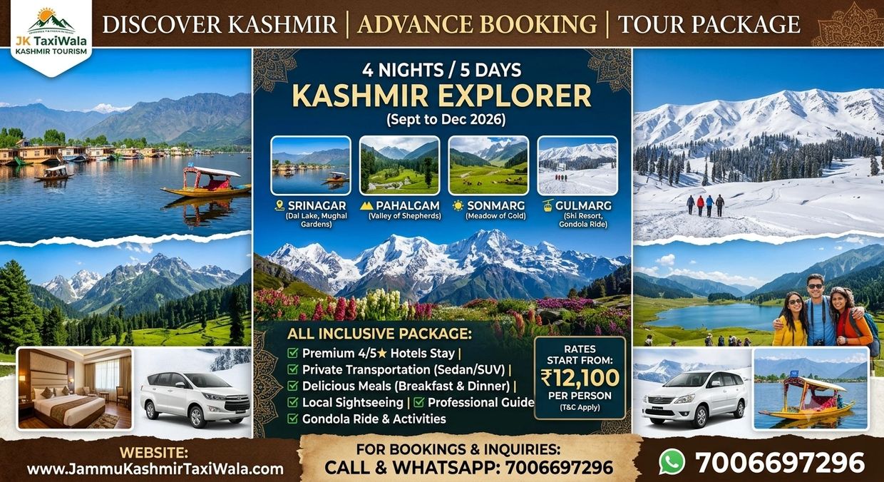 Tour package advertisement for Kashmir Explorer with highlights and contact.