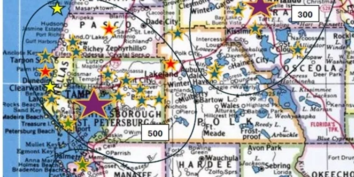 Map showing star-marked locations and circles with numbers in Florida.