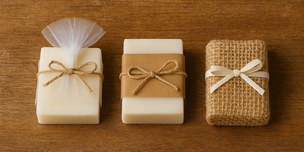 Three neatly wrapped soap bars with rustic twine bows on a wooden surface.