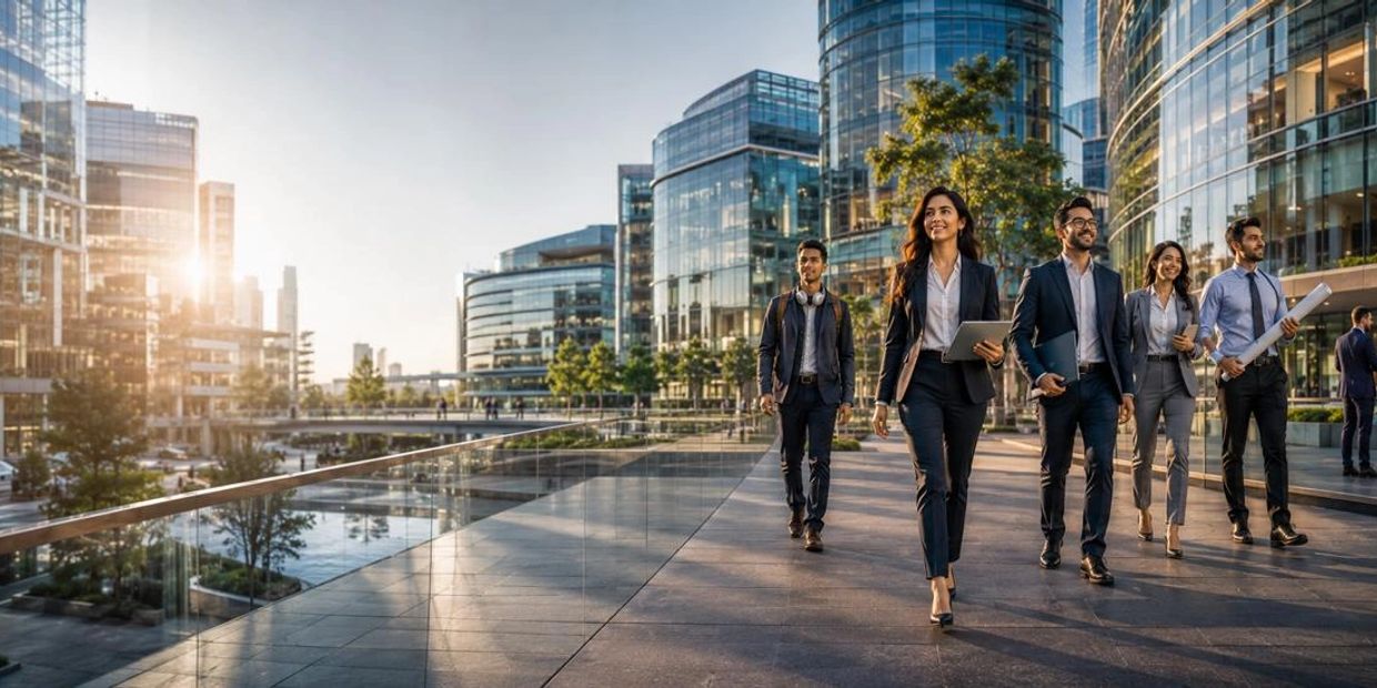 Young professionals walking in a modern business district.