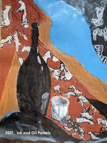 2021_Black vase_Ink and Oil Pastels