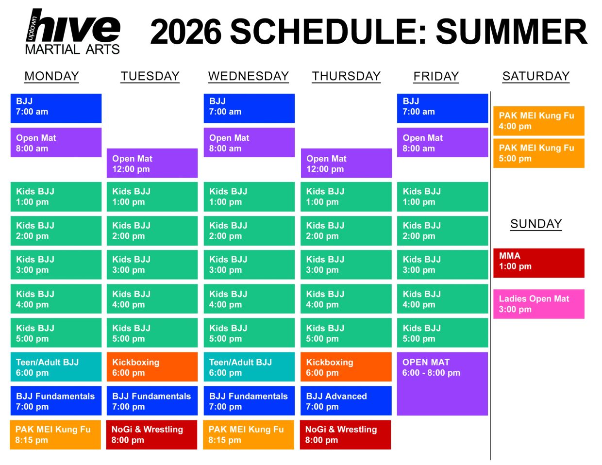 2026 summer martial arts weekly schedule with various classes.