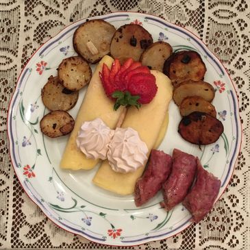 Strawberry creme crepes' served at The Conner House B and B, Prairie du Rocher, IL 62277