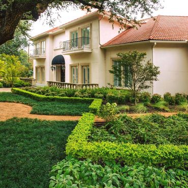 Elegant house with manicured garden and large tree in front yard.