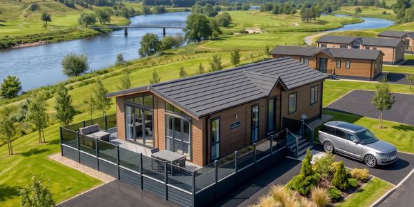 Modern cabin near a river with outdoor seating and parking space.