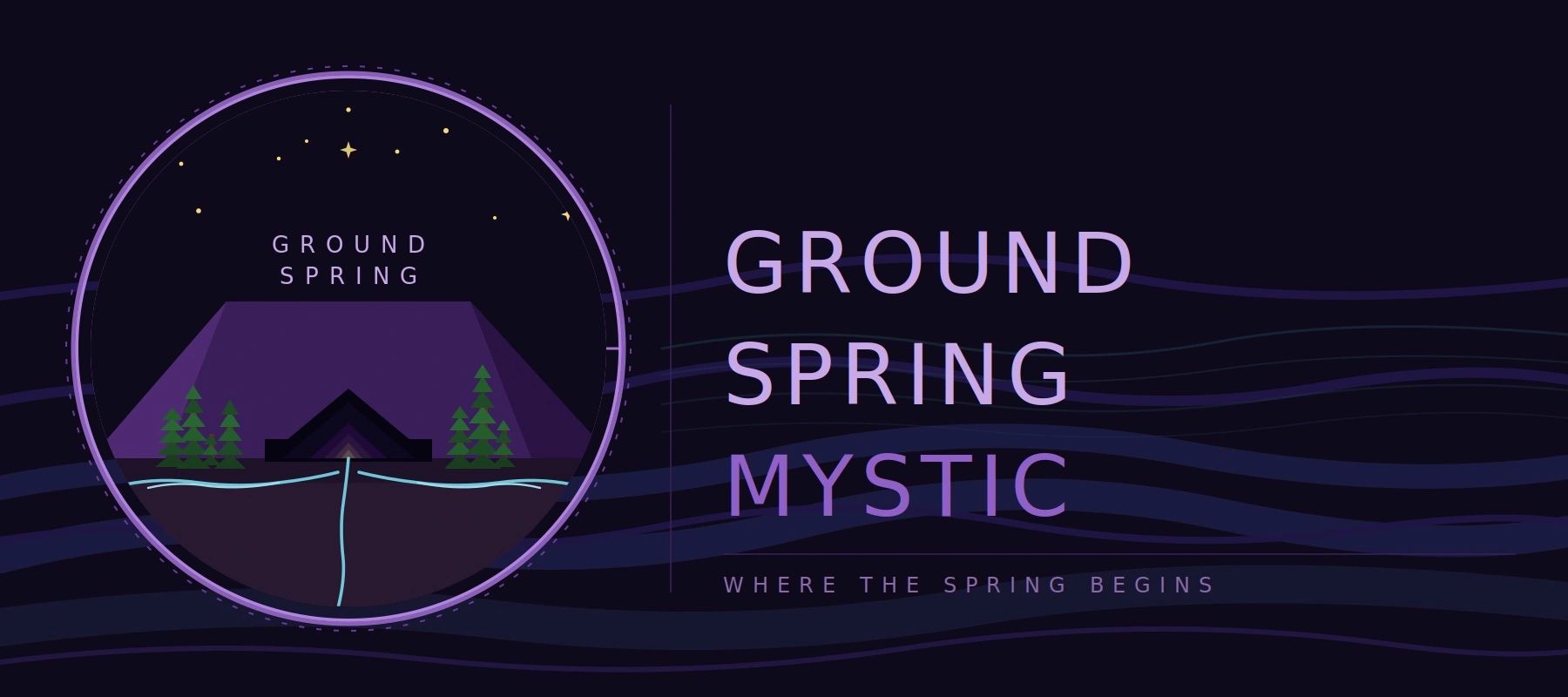 Mystic ground spring illustration with mountain and water flow under a starry night.