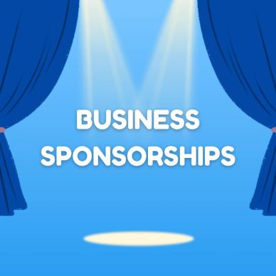 Blue stage curtains open to reveal 'Business Sponsorships' under spotlight.