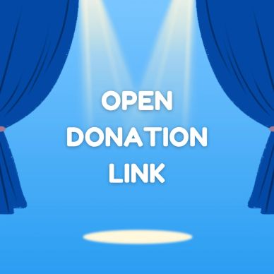 Blue stage curtains with 'Open Donation Link' text spotlighted.