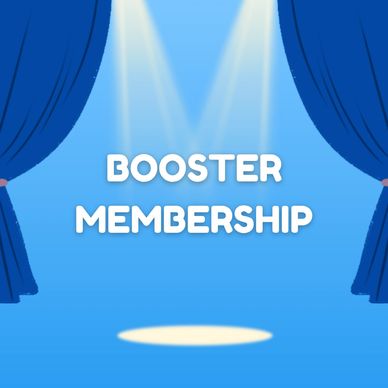 Spotlight on 'Booster Membership' with blue curtains.