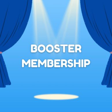 Spotlight on 'Booster Membership' with blue curtains.