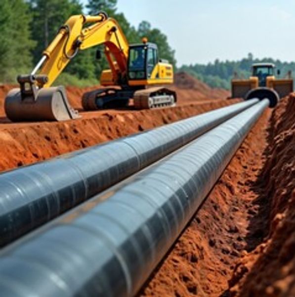 Construction of pipeline with excavator on site.